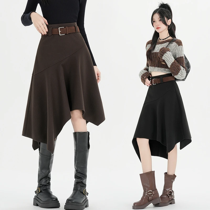 不规则高腰毛呢半身裙女冬季2025新款高级感中长款a字裙子ins