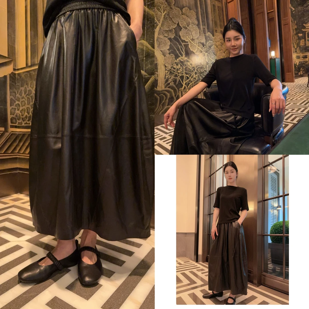 Betty Bairn高级定制松紧腰垂坠感羊皮半身裙25B-BW885