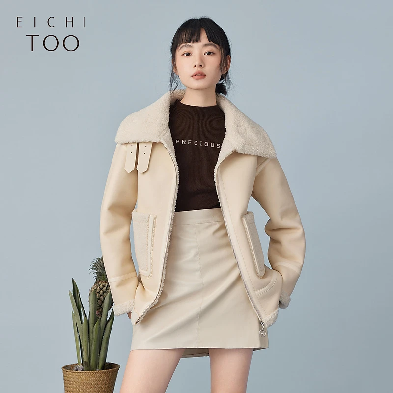 爱居兔冬季机车风潮流时尚仿羊羔绒外套EWJAJ4N003A