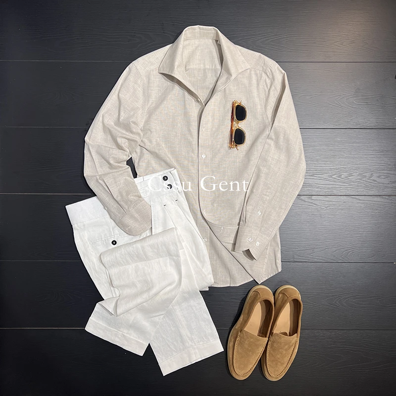 高定意式纯色一片领棉麻长袖衬衫男绅士英伦韩版修身商务亚麻衬衣