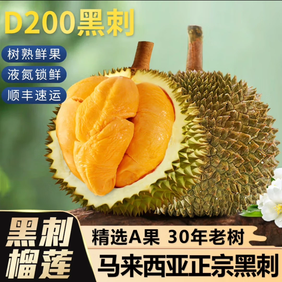 马来西亚黑刺榴莲精选双A【保5房】树熟当季新果整果液氮D200