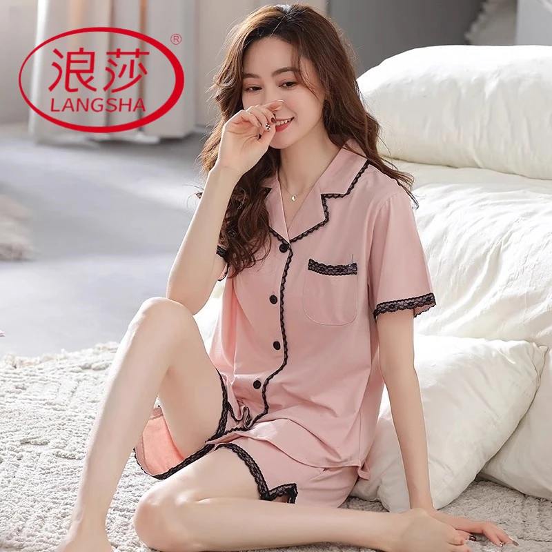 LangSha/浪莎凉感睡衣女士夏季莫代尔短袖短裤家居服夏天薄款冰丝