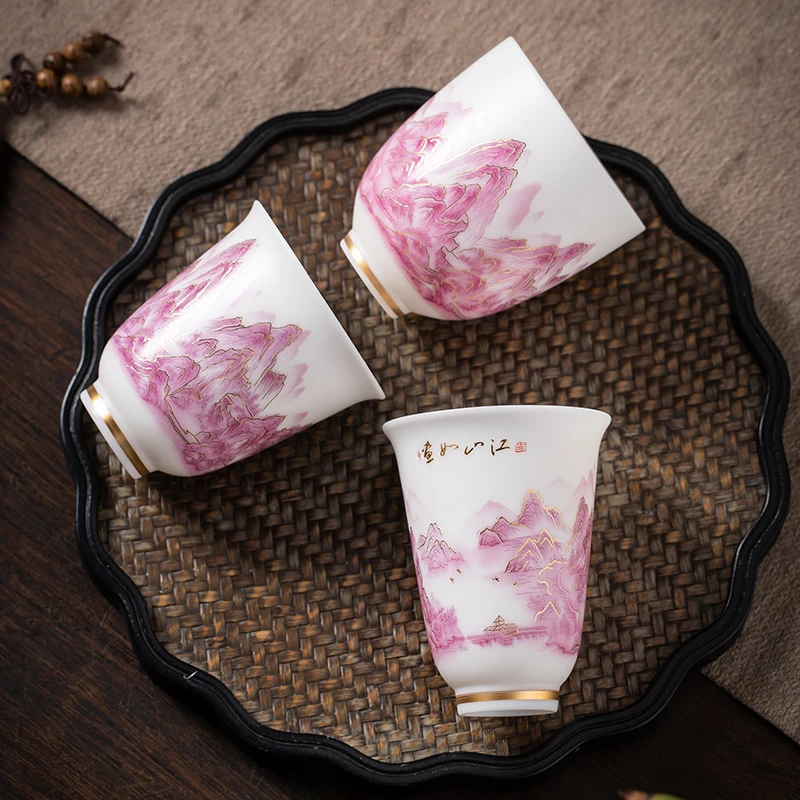 素烧羊脂玉瓷江山如画茶杯陶瓷个人专用喝茶品茗杯单杯茶盏主人杯