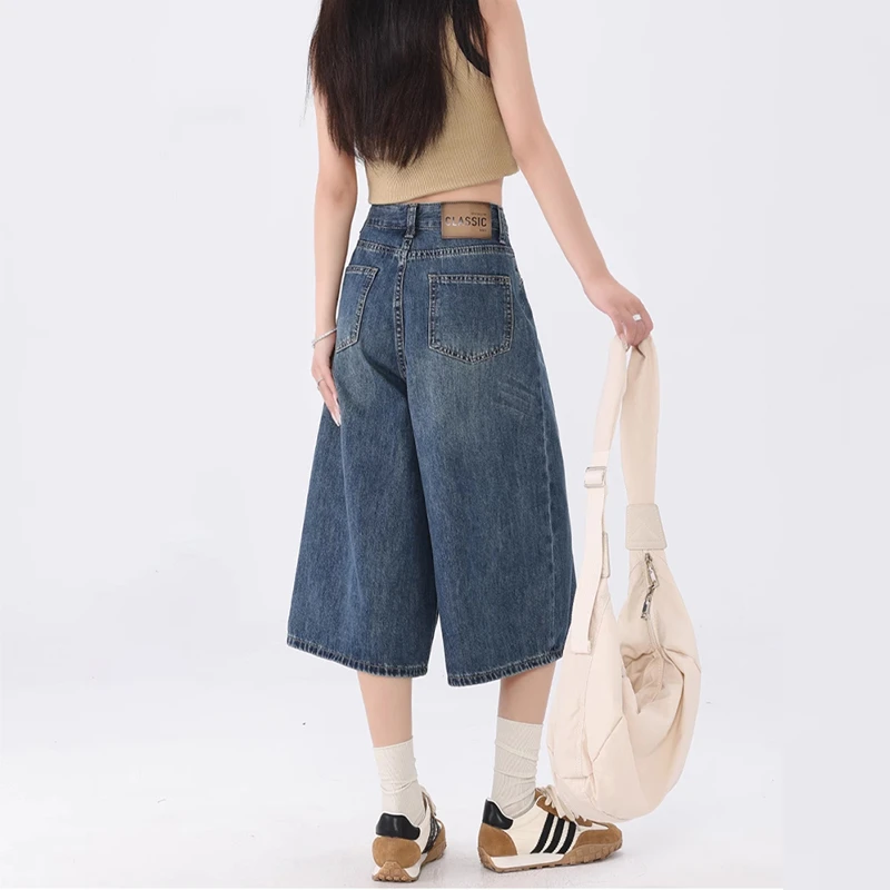 美式复古蓝五分牛仔短裤女夏季高腰宽松七分裤六分过膝阔腿中裤子