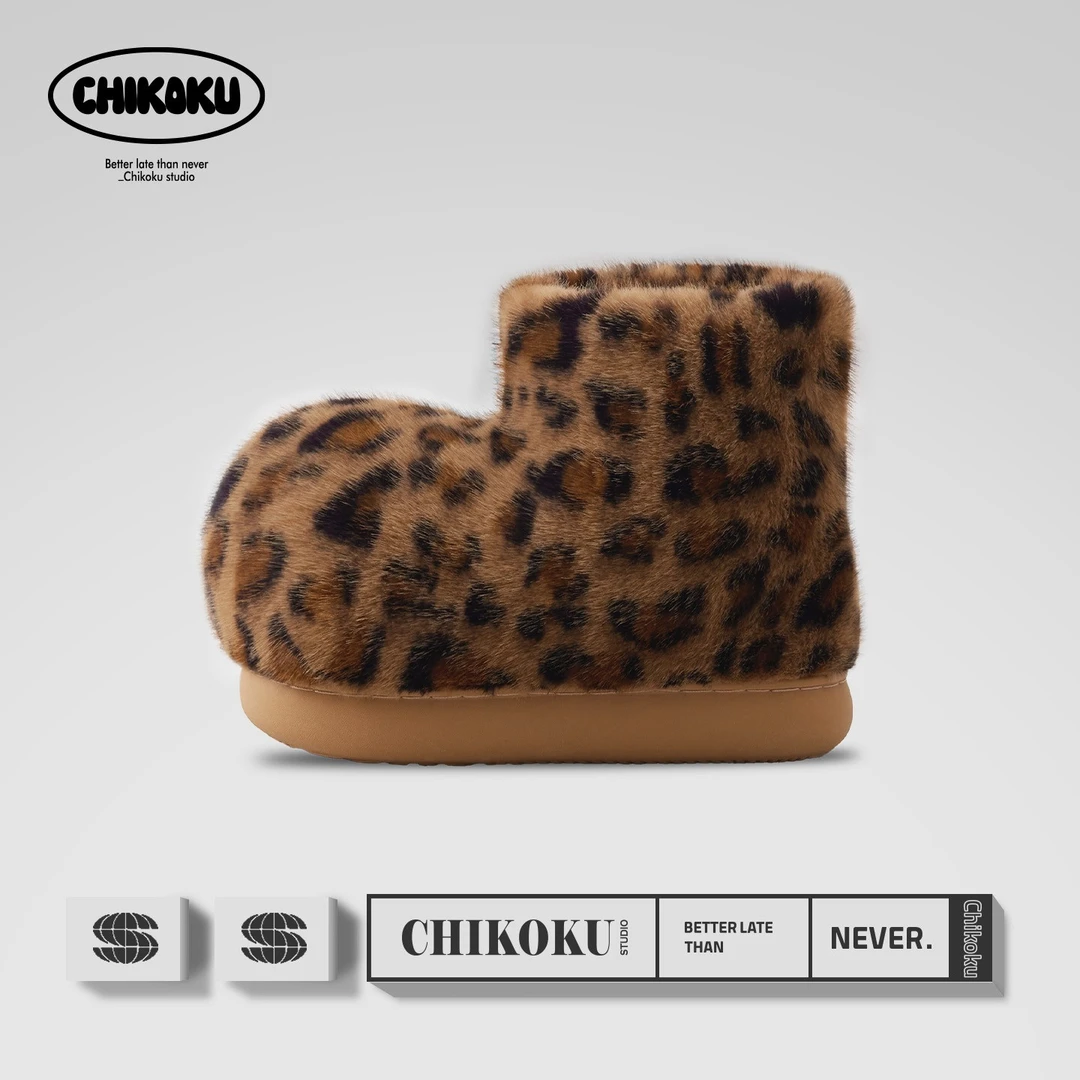 chikoku豹富毛绒棉靴女冬季加绒保暖居家情侣可外穿包跟雪地靴男