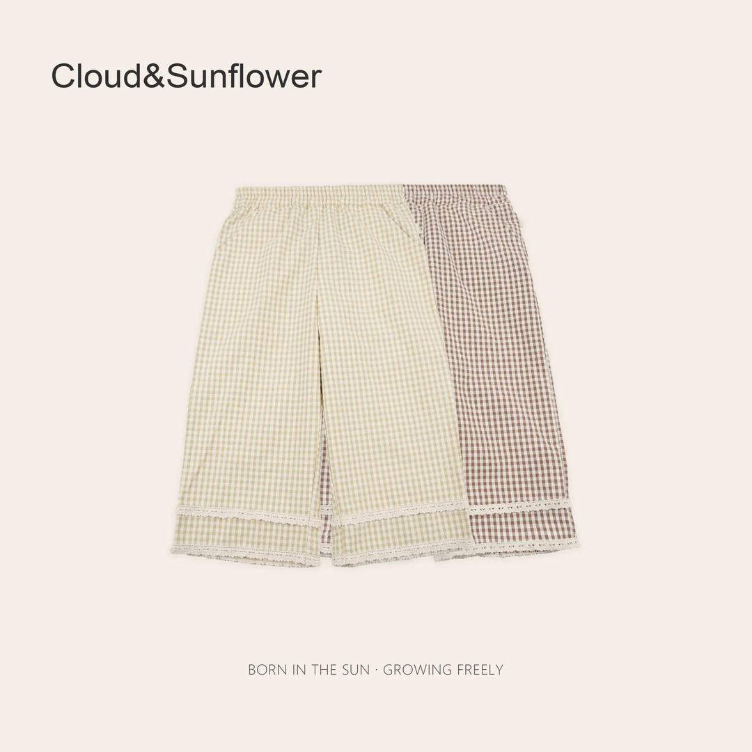 女童春季格子裤脚双层蕾丝休闲直筒裤660680