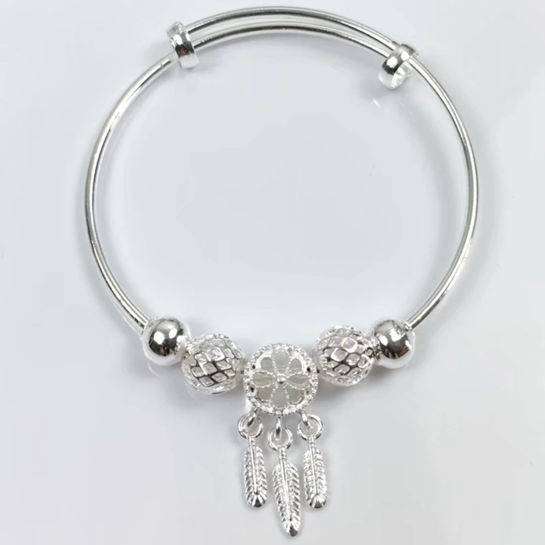 足银手镯 足银手镯 10号 捕梦网推拉实心足银手镯