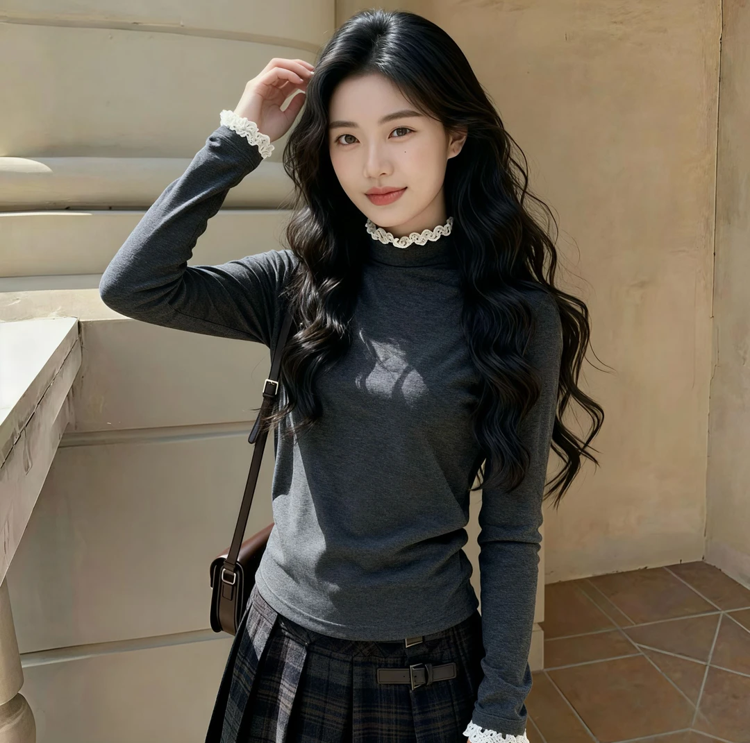 时尚双面拜尔绒保暖T恤秋冬新款花边蕾丝领长袖打底衫拼接上衣女