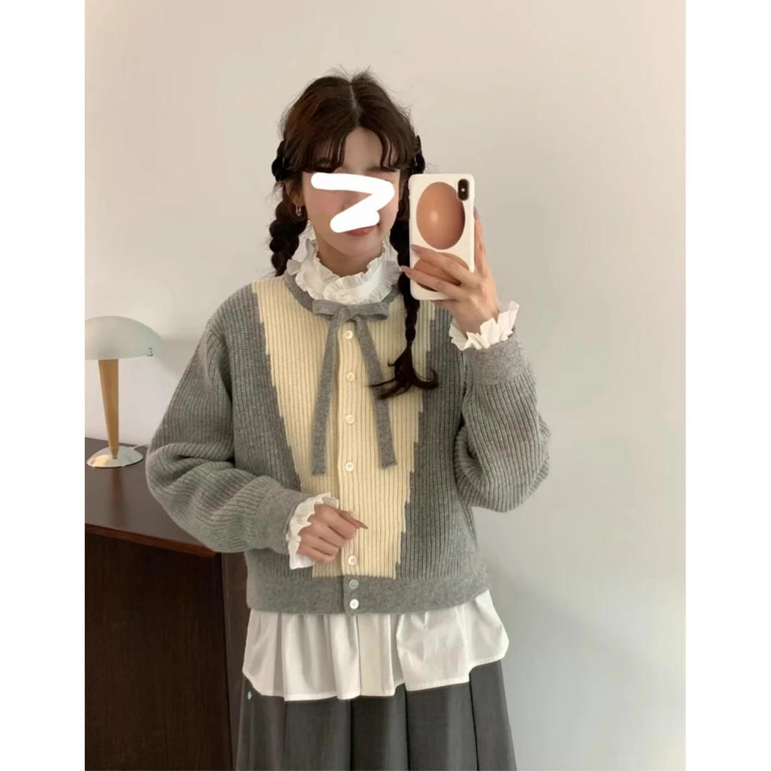 韩国东大门学院风领口系带蝴蝶结拼色长袖针织毛衣上衣女kk-09028