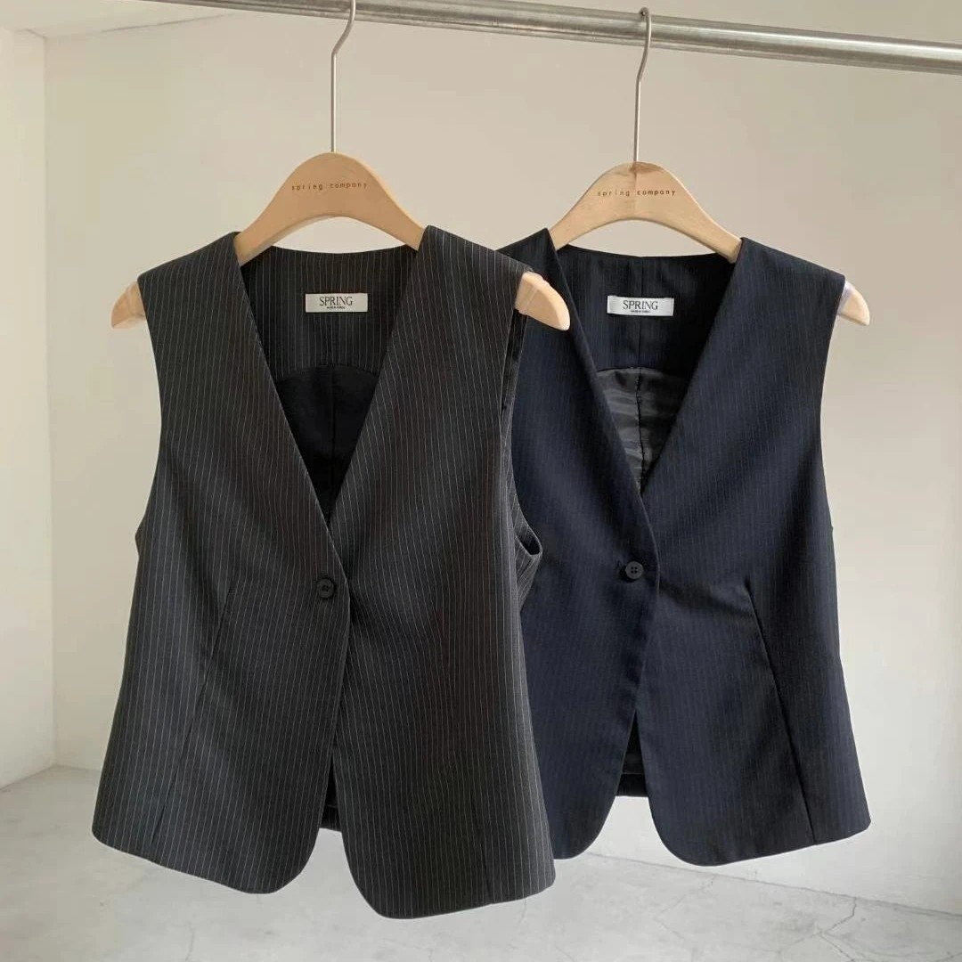 NO退换OT-4-G11短款条纹V领商务纯色修身薄款马夹马甲韩版修身型