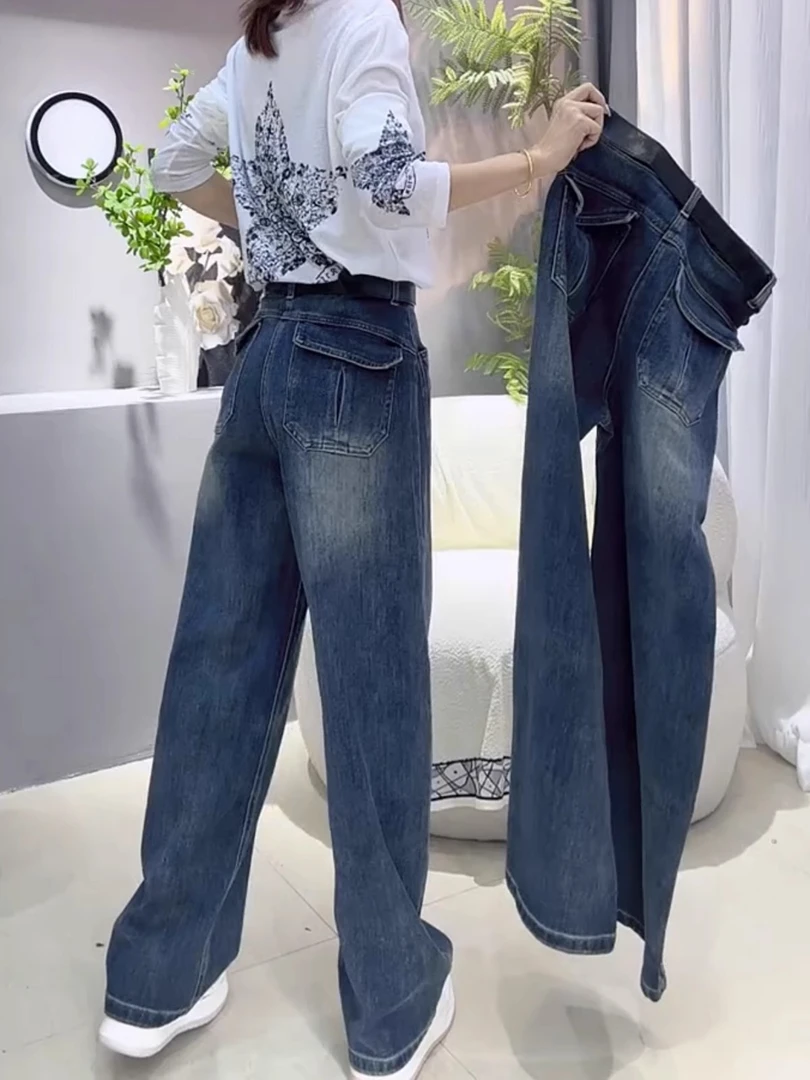 早秋复古大码牛仔裤时尚2025直筒新款宽松高腰拖地百搭显瘦阔腿裤