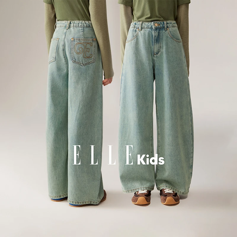 ELLE KIDS 弯刀廓形牛仔裤女儿童秋季水洗棉复古百搭裤子Q1