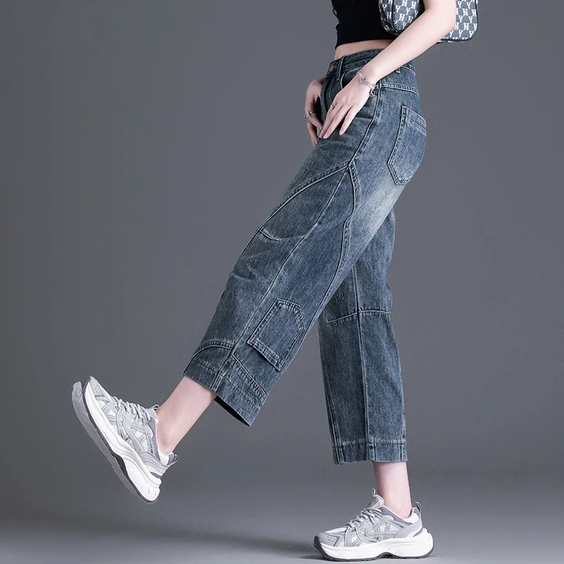 原创设计八分弯刀牛仔裤女2025秋冬季加绒高腰宽松品质九分哈伦裤