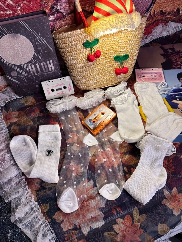 夏季薄款星期袜蕾丝花边波点堆堆袜中筒袜时尚百搭复古日系