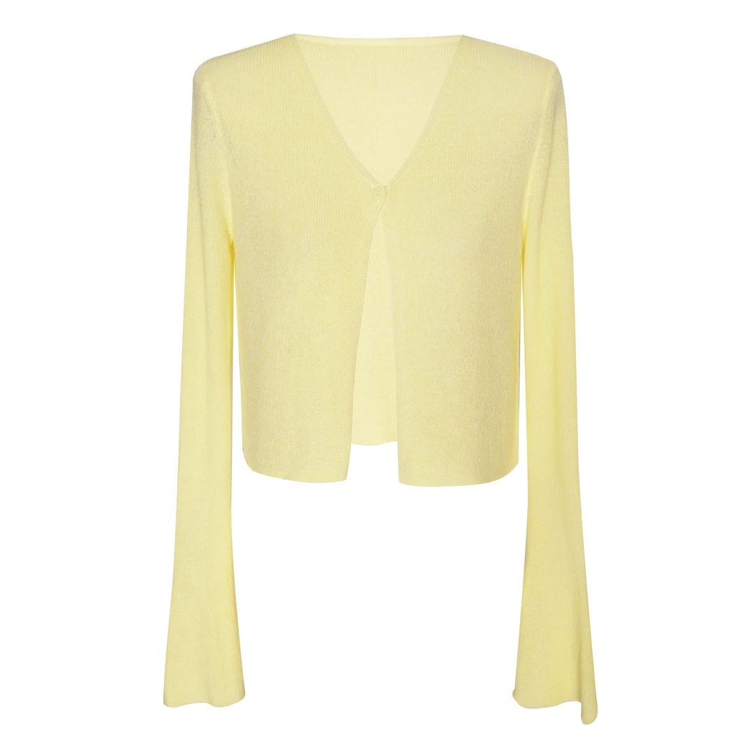 2025新款时尚夏季V领薄款防晒开衫喇叭袖百搭披肩一粒扣外搭上衣