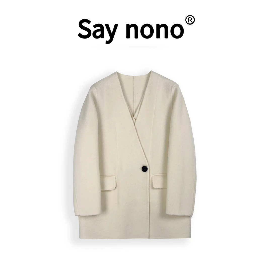 懒猫nono│Saynono随缘送围巾 秋冬时尚简约休闲V领毛呢外套WD8986