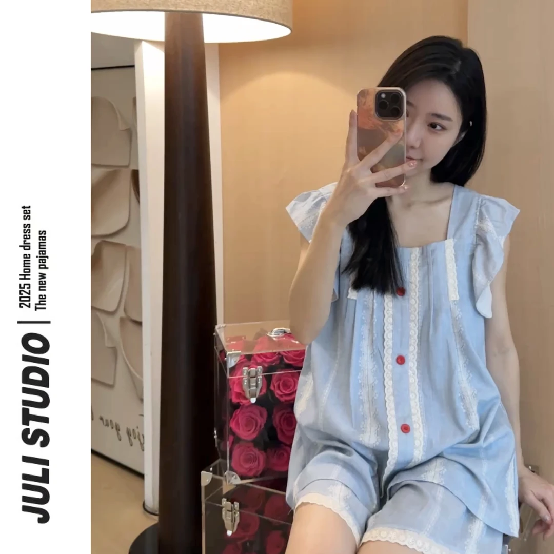 JULI<蓝调时光> 甜美小清新宽松透气休闲短袖短裤睡衣套装家居服