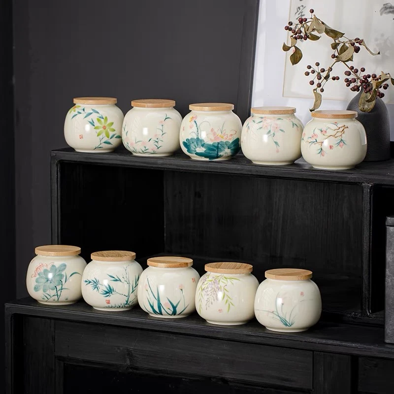 手绘陶瓷茶叶罐便携竹盖密封防潮储物存茶罐创意小号迷你红绿茶仓