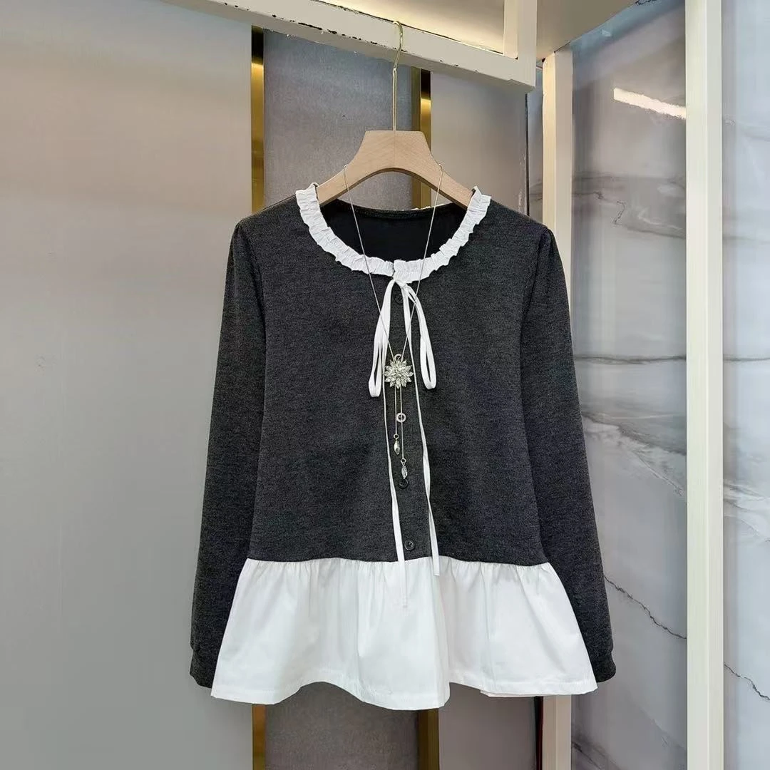 法式圆领长袖衬衫2025秋冬新款拼接大码女装减龄上衣打底时尚简约