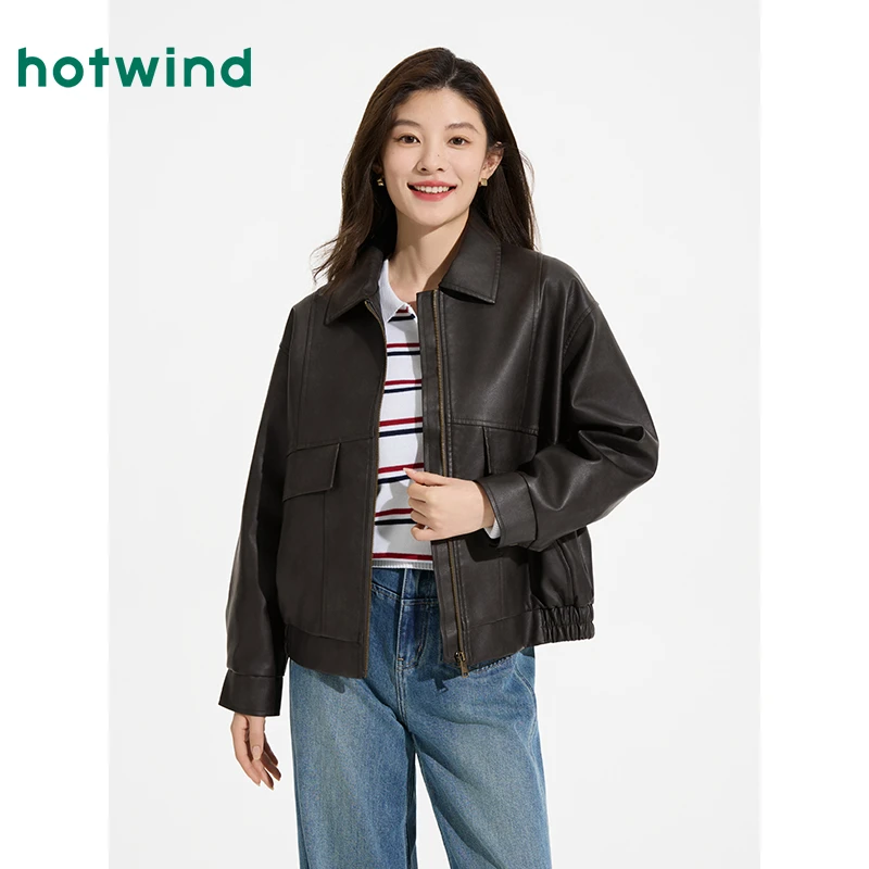 热风女士经典pu皮衣外套女2025年秋季机车风上衣美拉德夹克外套