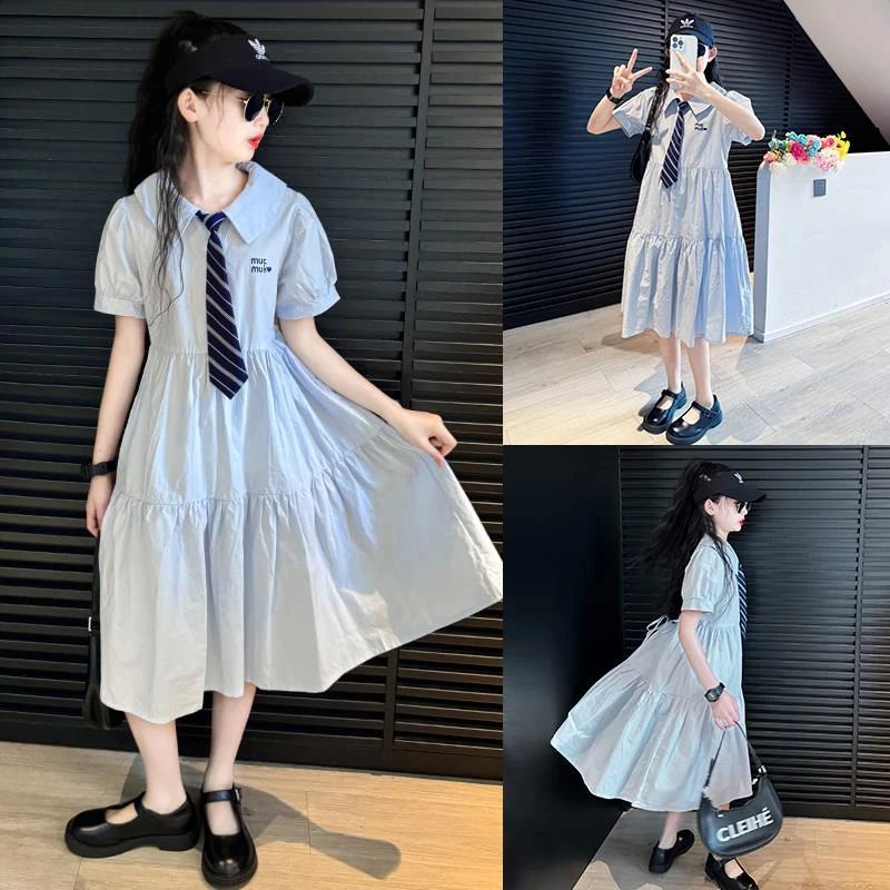 范哲萨裙子初中女生夏季2025新款女童夏装学院风连衣裙女大童领长