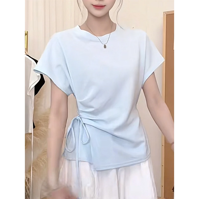 2025夏日新款韩版蓝色掐腰打底衫女气质显瘦设计感不规则短袖T恤