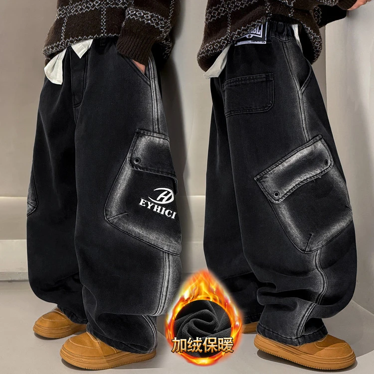 【秋冬加绒】儿童牛仔工装裤加厚中大童喷绘字母痞帅男女童宽松裤子