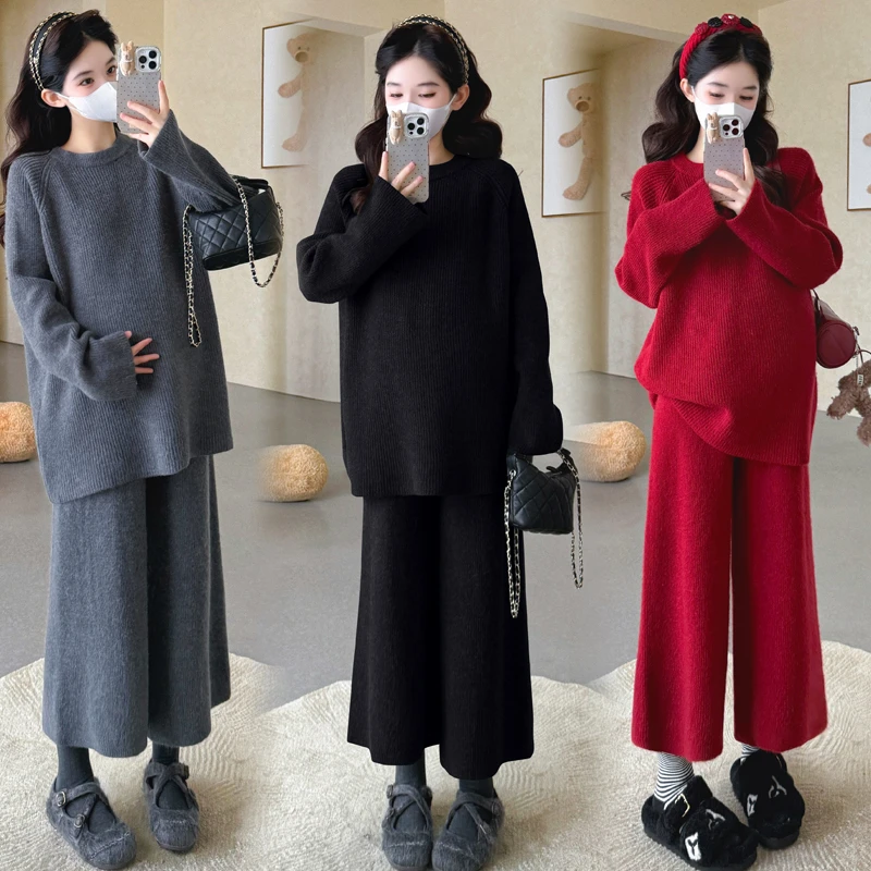 孕妇装春秋冬新款时髦加厚针织洋气毛衣宽松八分阔腿裤穿搭一整套