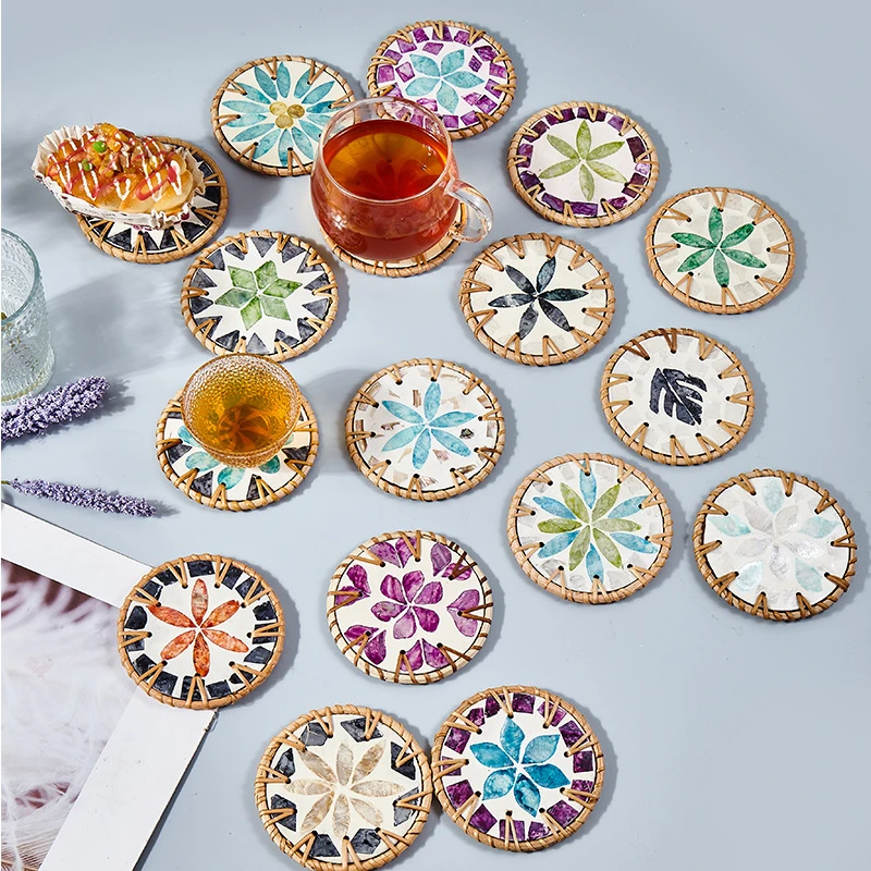 藤编彩色贝壳隔热茶壶茶杯垫子桌面零食茶几防烫垫花纹圆形*