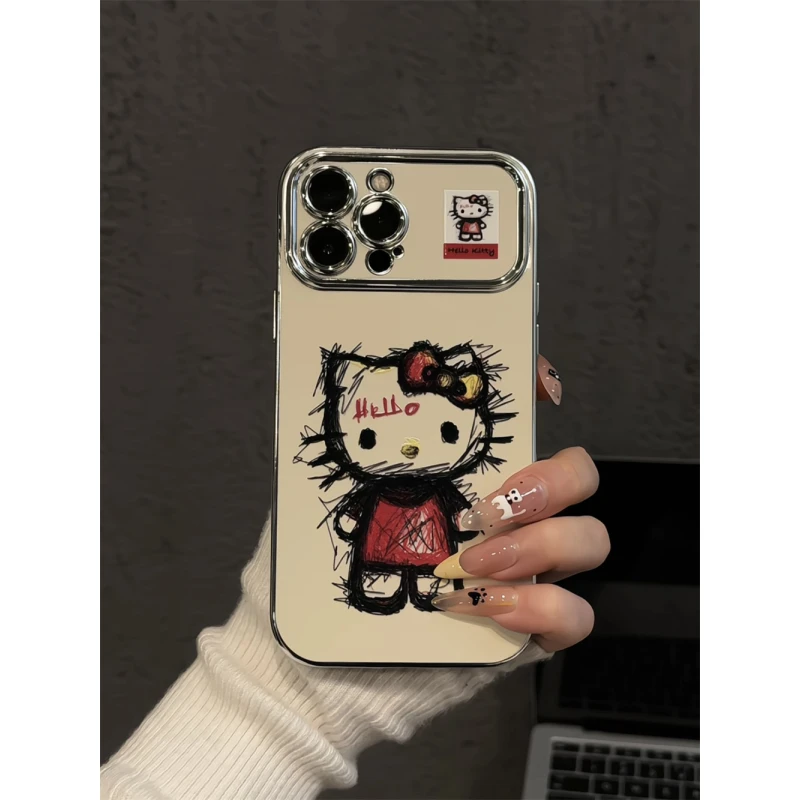 适用苹果16pro手机壳iPhone15创意6D视窗华为60彩铅线条kitty小众