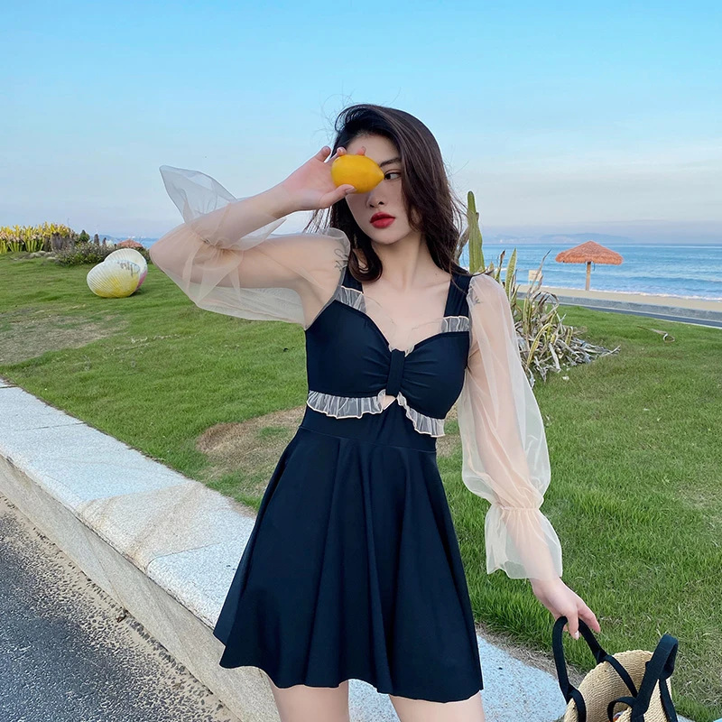 《潮汐绉纱》五个颜色夏季大码显瘦长袖连体裙泳衣保守遮肉温泉度假