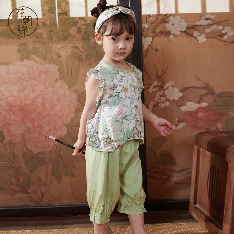 梨花仙子夏小飞袖套装宝宝空调服新中式清新套装防蚊周岁百天薄款
