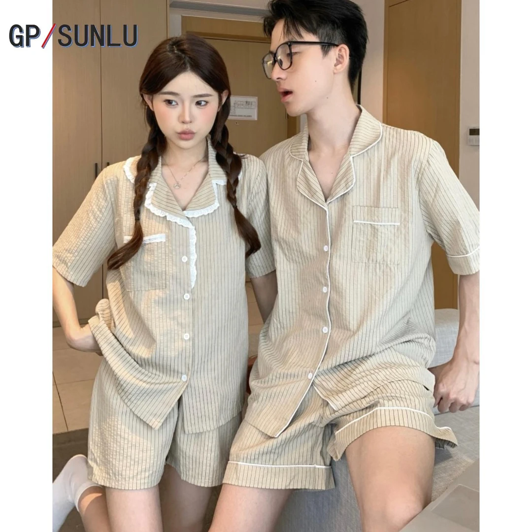 日本小众GP韩系简约条纹花边情侣睡衣女款夏季短袖短裤男士家居服