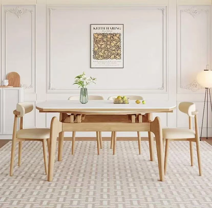 北欧新款高端轻奢简约原木家用岩板餐桌伸缩方圆两用餐桌多功能