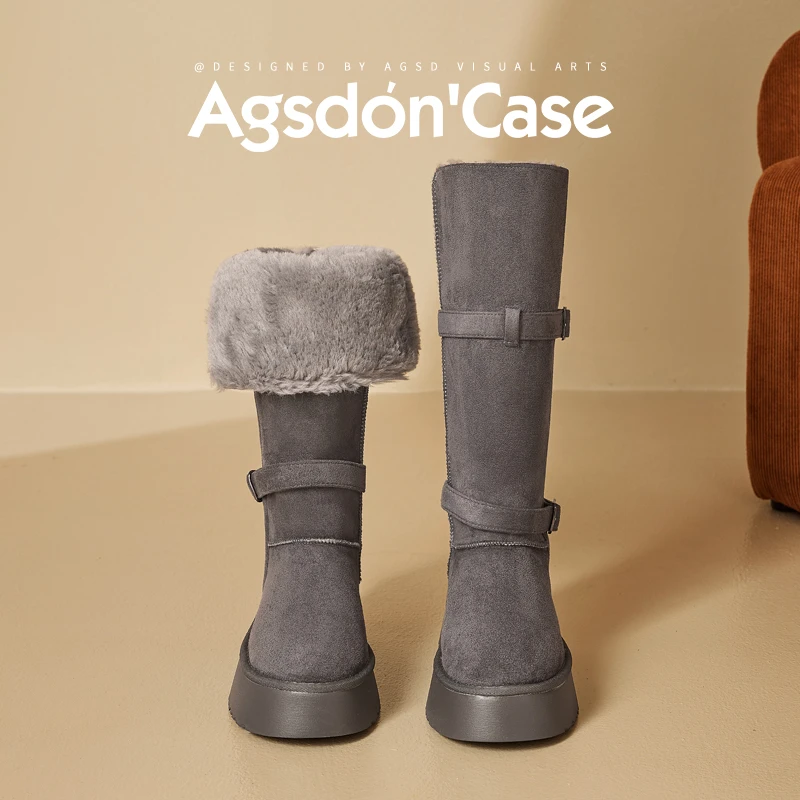 奥古狮登厚底雪地靴女2025秋冬加绒保暖户外东北抗寒长筒棉靴H