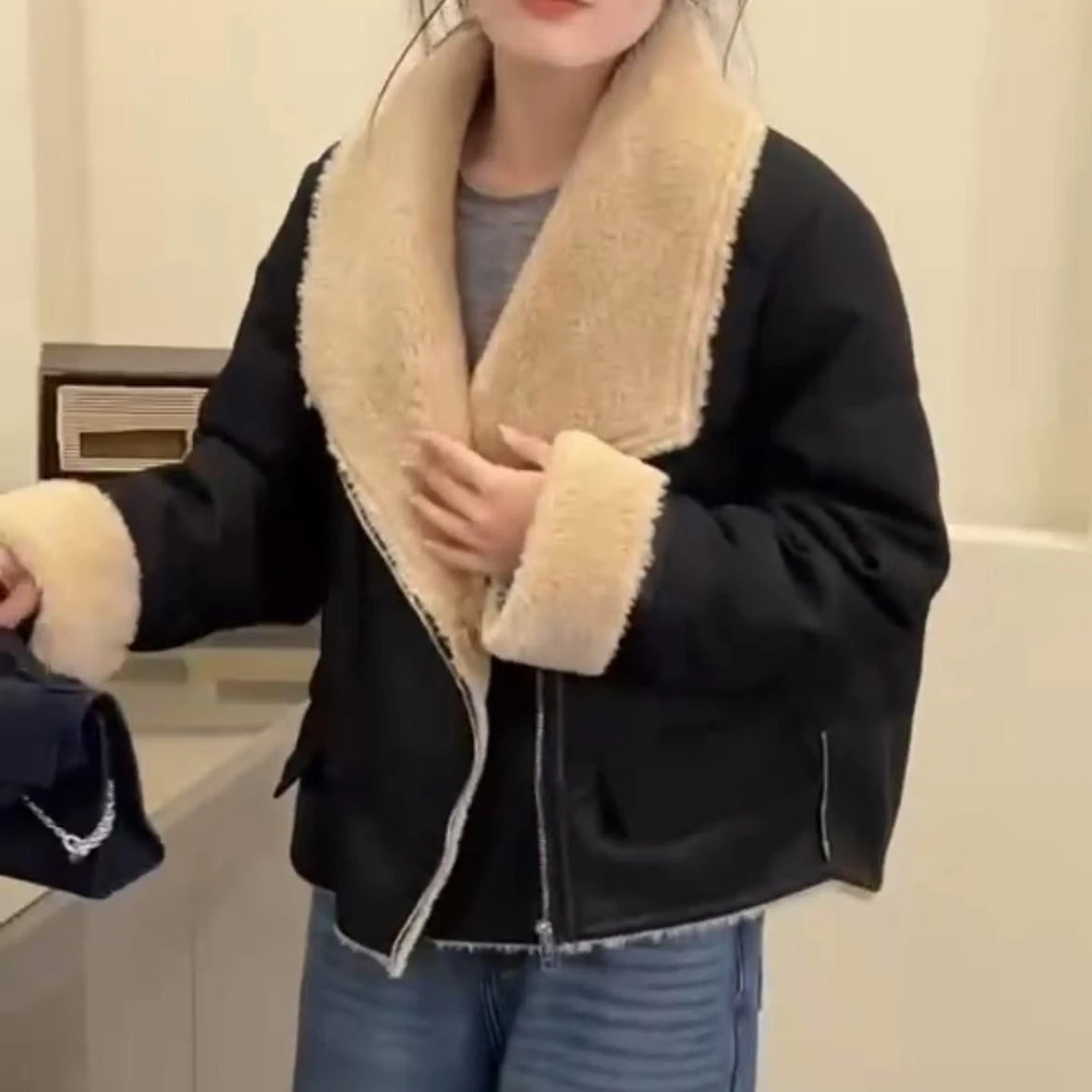 55892/1100英伦复古新款拼皮U棉服外套设计感大翻领女装 WT/0113