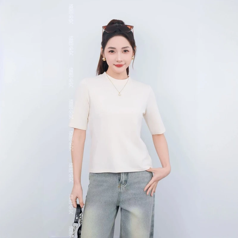 立领五分袖T恤春季圆领短袖上衣夏季春夏半高领修身套头女士百搭