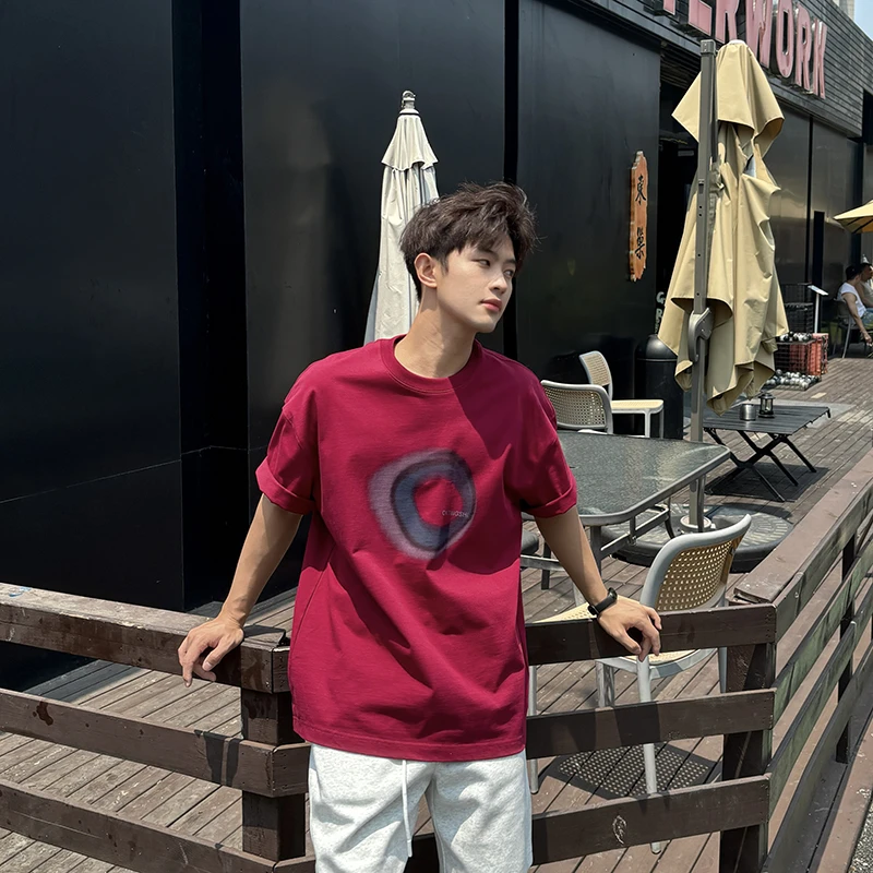 PPF Studio复古字母印花短袖T恤男夏季酒红色情侣百搭新款上衣