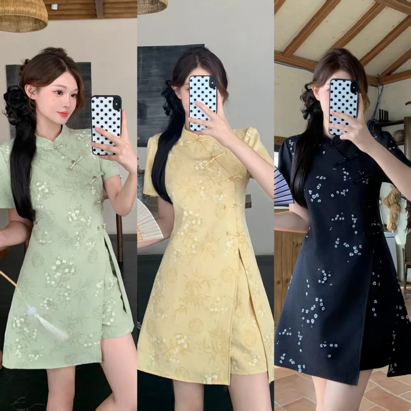 2025夏季大码胖mm女装新款盘扣收腰百搭显瘦短袖旗袍短裙两件套装
