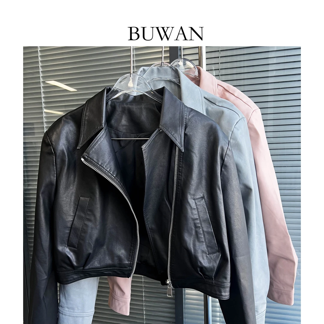 BUWAN早春短款POLO领水洗皮长袖皮衣翻领短款外套27