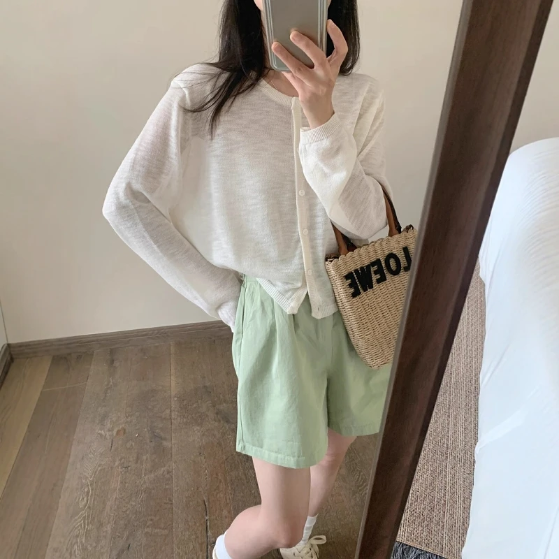 韩系竹节麻冰丝针织开衫女夏季防晒衣圆领薄款披肩小罩衫短款上衣