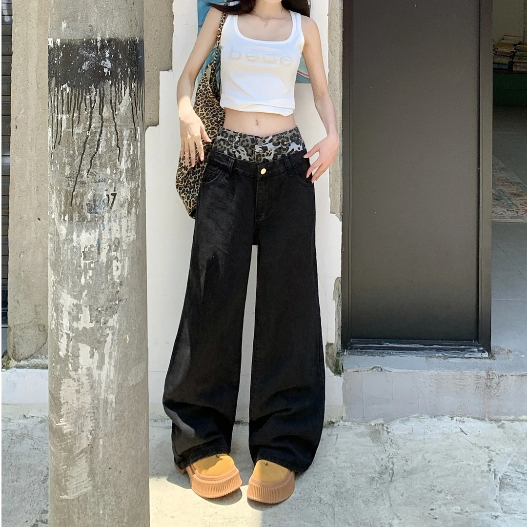 复古豹纹拼接直筒牛仔裤女2025夏季新款假两件设计宽松阔腿长裤子
