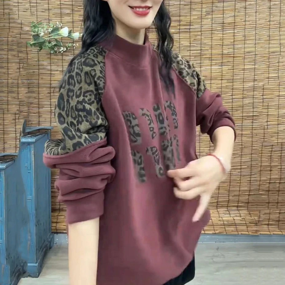 2025年春秋季新款休闲时尚百搭休闲卫衣女豹纹印花拼接设计感上衣