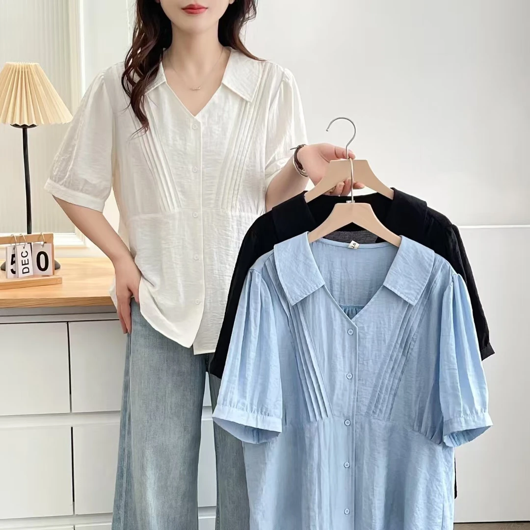 大码女装胖mm法式洋气短袖衬衫夏季遮肚显瘦衬衣休闲上衣116