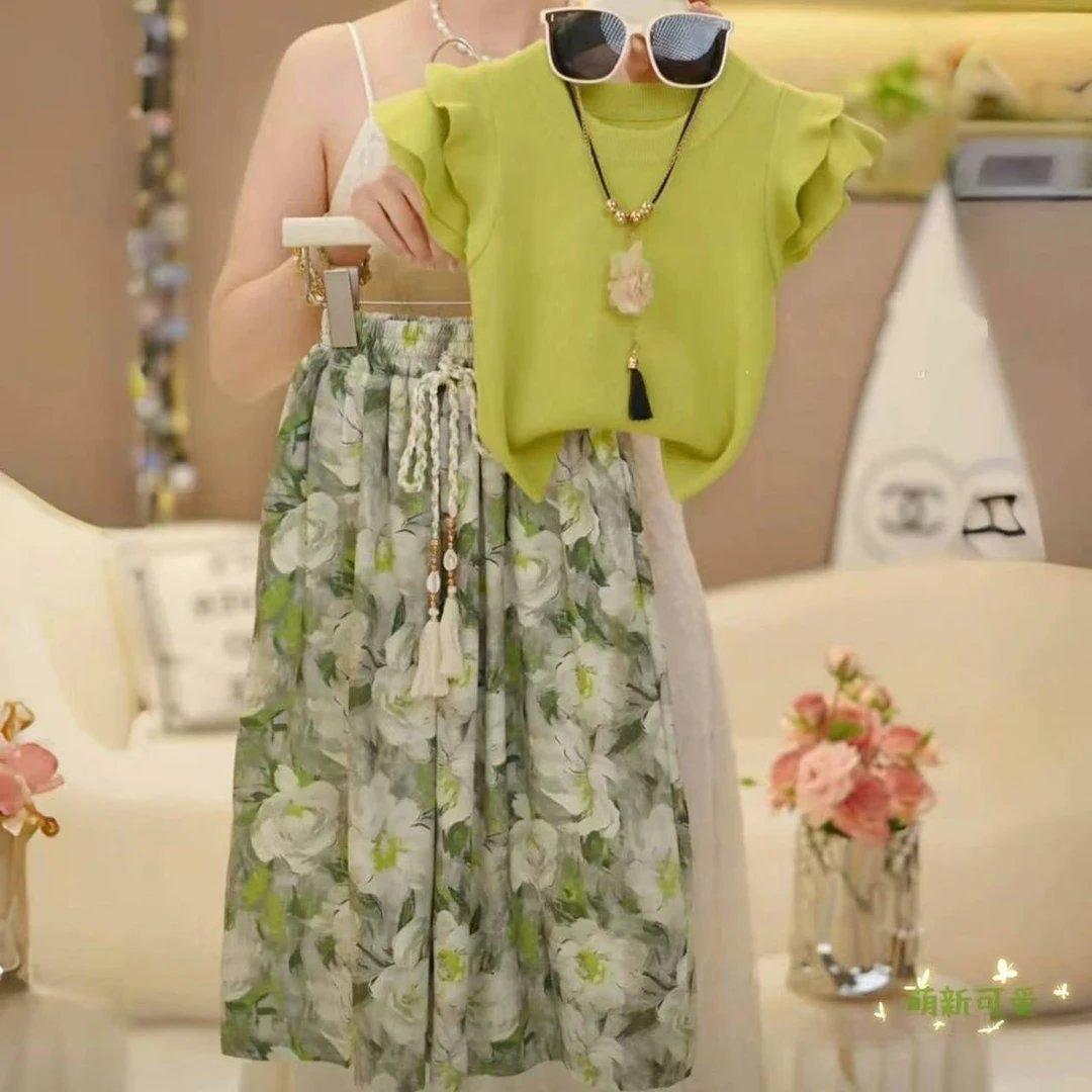 女童套装夏季2025新款洋气儿童小飞袖T恤夏装小女孩休闲裤两件套