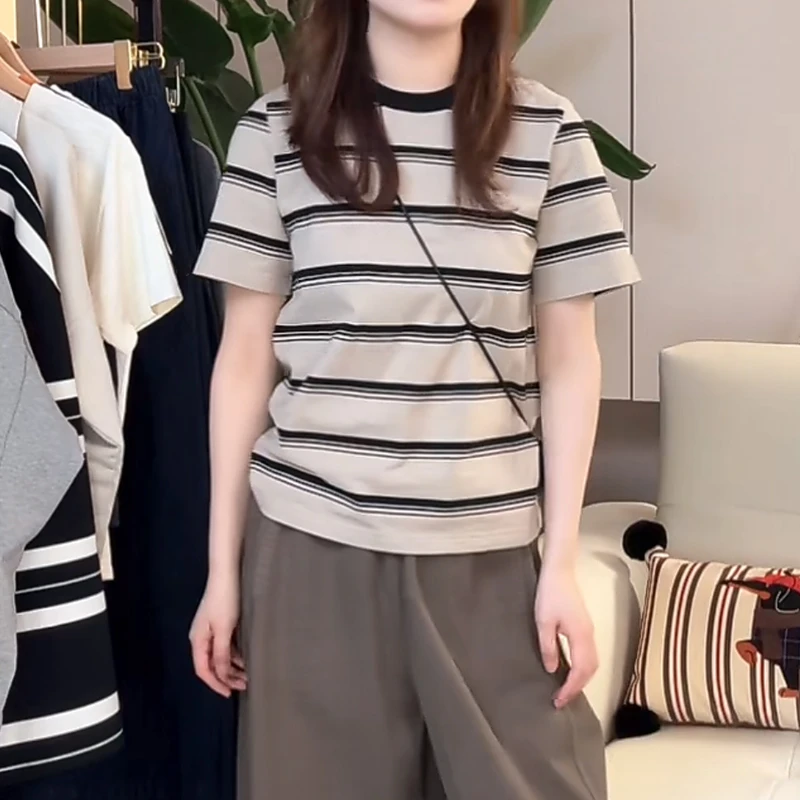 2025年夏装新款圆领短袖韩系条纹修身T恤潮流3113