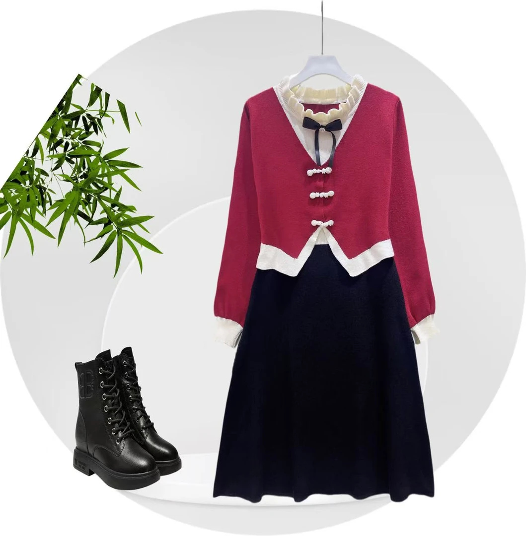 【编码503】运动休闲花苞领琵琶扣新红色2025女款爆款毛衣女秋冬裙