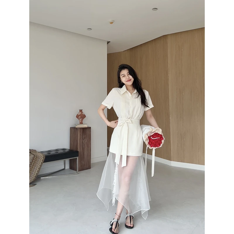 张阿星【星羽流裳】韩范网纱拼接纯欲正肩收腰连衣裙W425Q03806