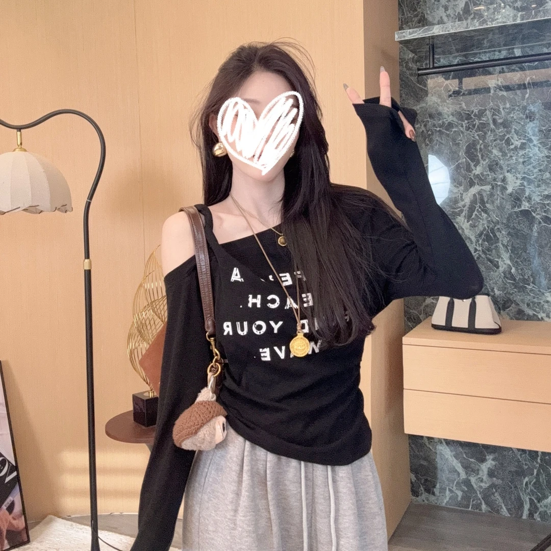 【晓溪服饰】字母通勤短款常规款速干拼接薄款显瘦ins长袖T恤6551