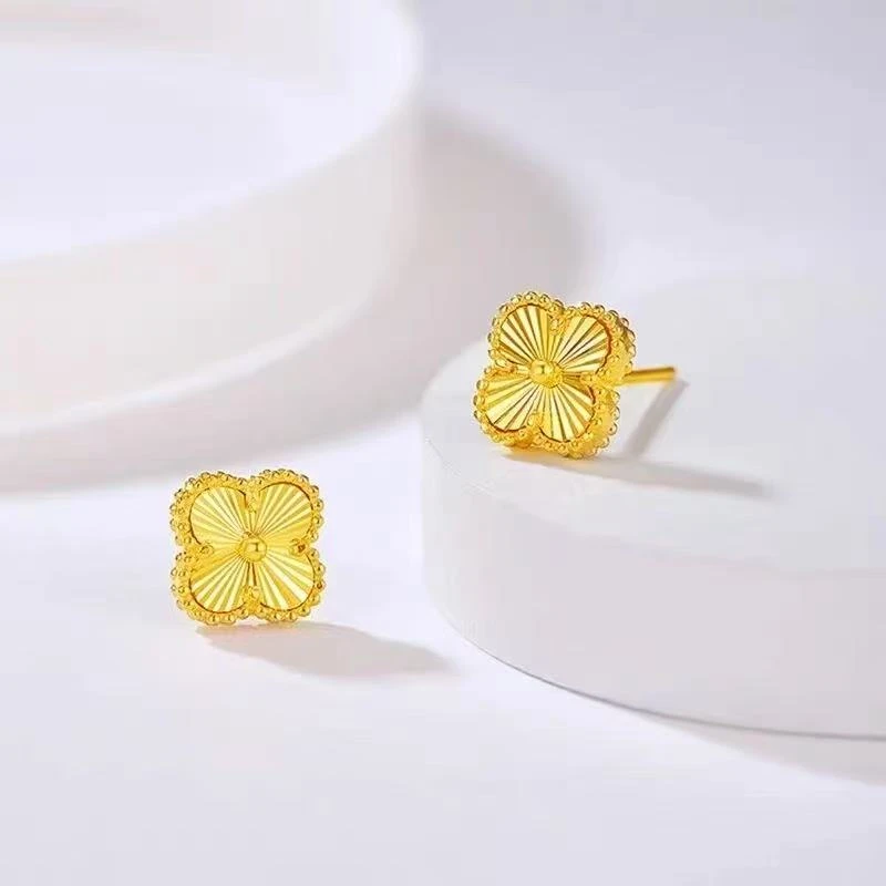 足银耳饰 足银耳钉【黄色镭射幸运草耳钉】一对 送耳堵